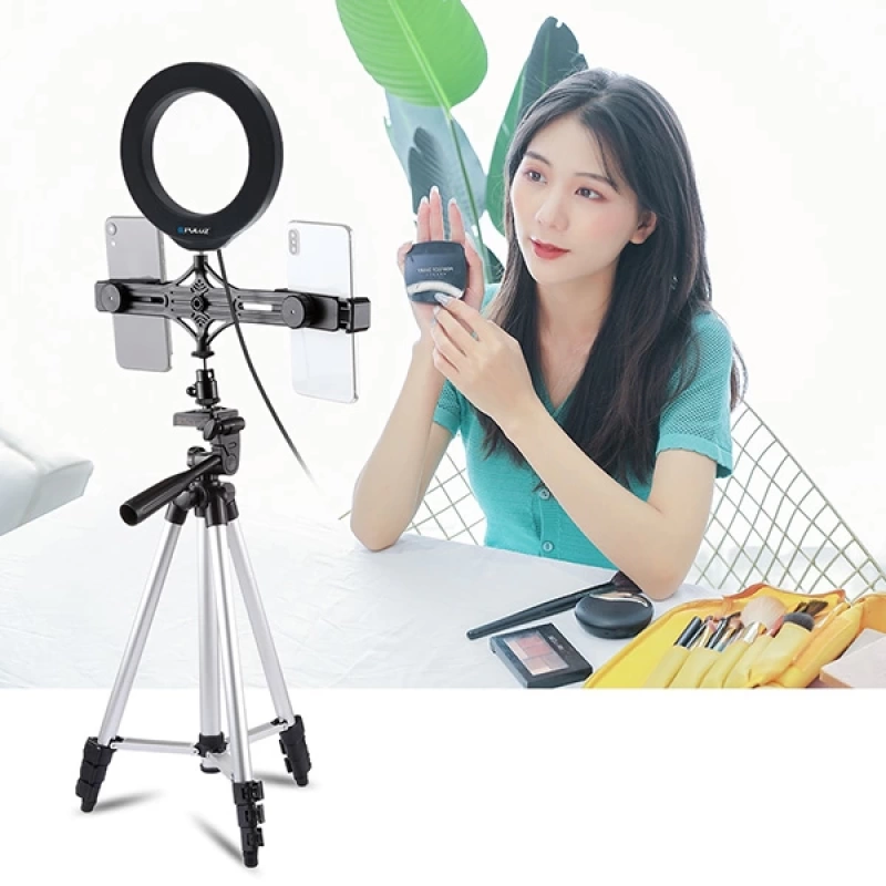 PULUZ Tripod 16cm Çift Telefon tutucu 6.2CM Led Işık Stand Youtuber,Canlı Yayın Selfie TikTok Makeup