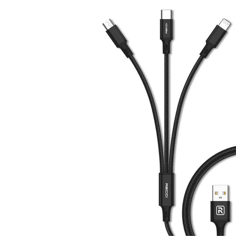 Recci RCS-D120 Fast Wind Serisi 3in1 USB-A to Lightning – Type-C – Micro Şarj ve Data Kablosu 1.2M