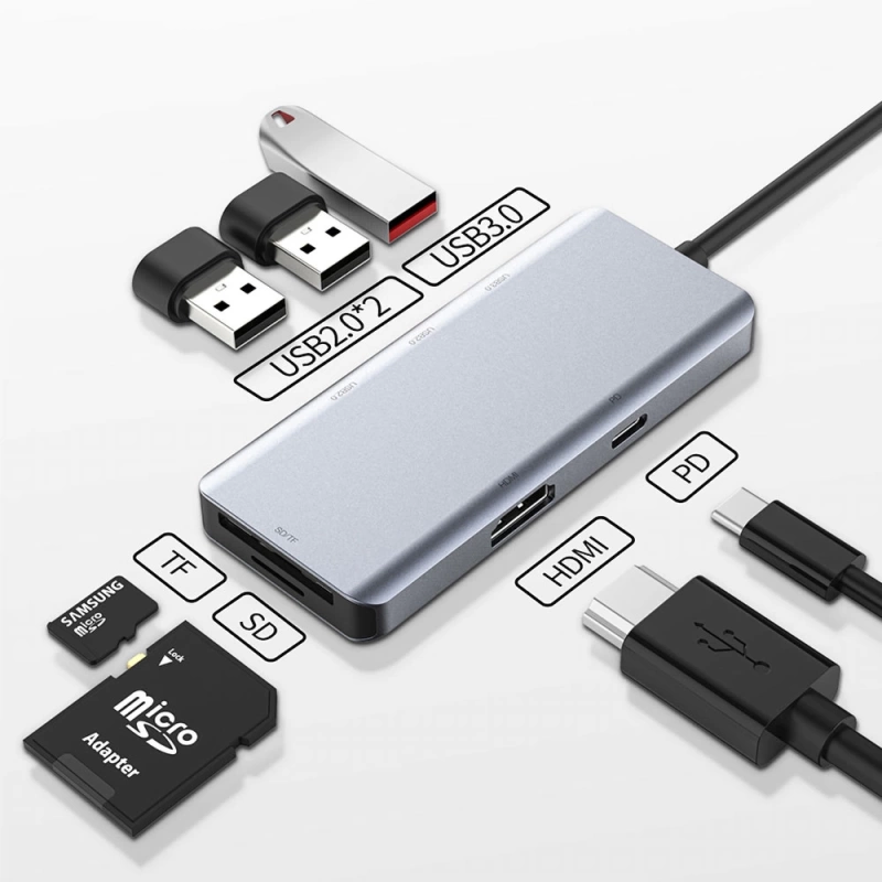 More TR Recci RH07 7 in 1 Type-C Hub PD 100W Şarj Destekli SD Kart-HDMI-USB Çoğaltıcı Kablo 120mm