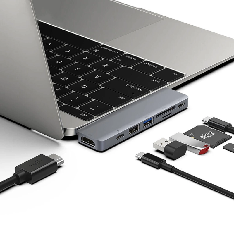 More TR Recci RH08 Type-C to Type-C + SD/TF + USB3.0 + USB2.0 + HDMI + Thunderbolt 3 Bağlantılı 7in2 Hub