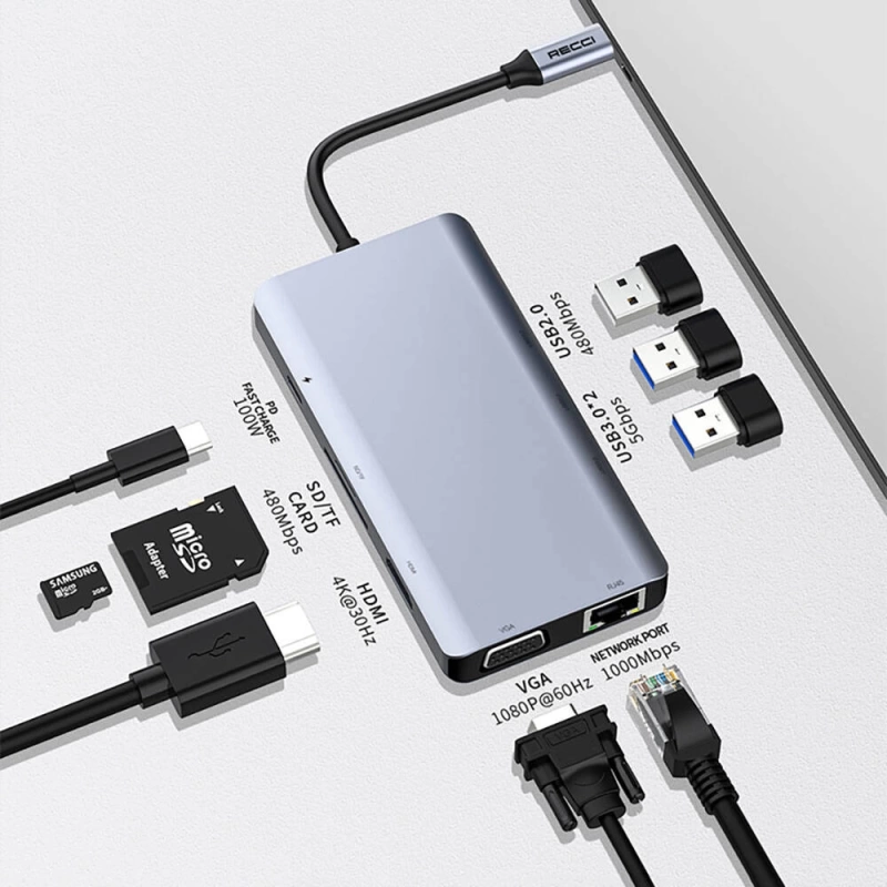 More TR Recci RH09 Type-C to Type-C + SD/TF + USB3.0 + USB2.0 + HDMI + VGA + RJ45 Bağlantılı 9in1 Hub