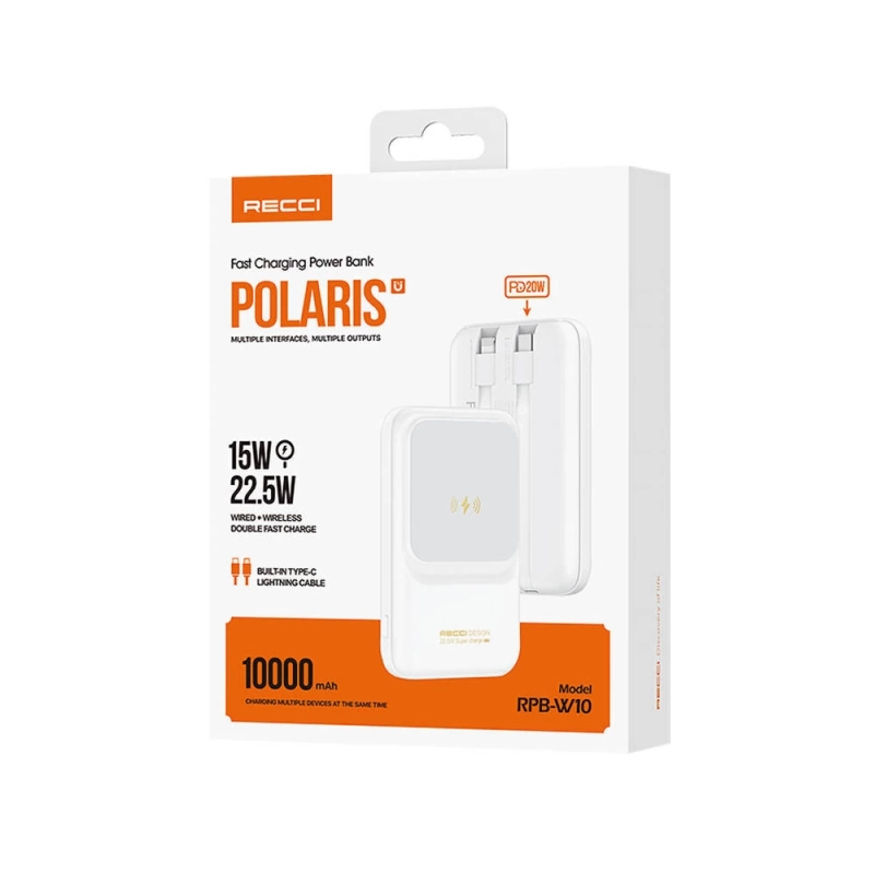 Recci RPB-W10 Polaris Serisi Çift Kablolu LED Dijital Göstergeli Wireless Powerbank 15W 10000mAh