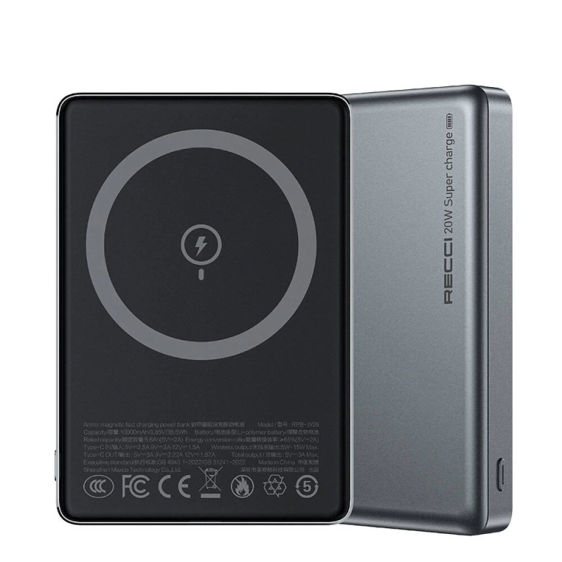 Recci RPB-W26 Armor Serisi Ultra İnce PD 20W Hızlı Şarj Özellikli Wireless Powerbank 15W 10000mAh