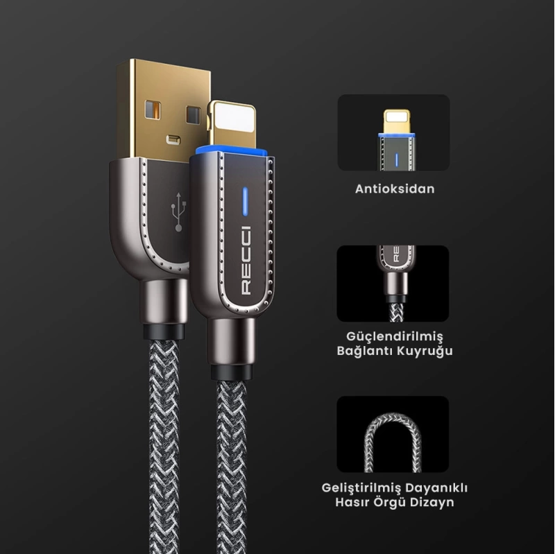 More TR Recci RS02L Smart Power-Off Serisi Hızlı Şarj Özellikli Lightning To USB-A Kablo 1M