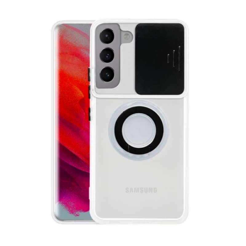 SM Galaxy S21 - S30 Kılıf Sürgülü Kamera Lens Korumalı Yüzük Standlı Silikon Kılıf