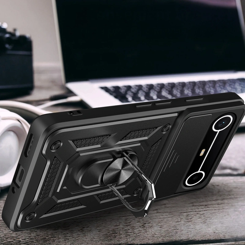 Tecno Spark Slim 5G Kılıf Magnetik Standlı Kamera Korumalı Zore Sürgülü Vega Kapak