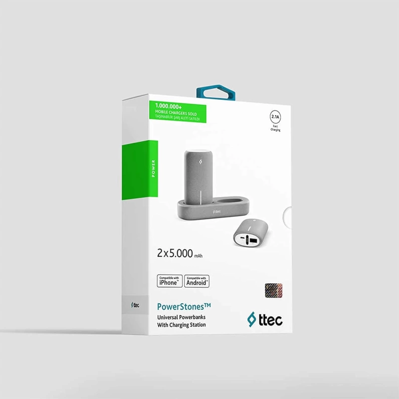 TTEC PowerStones 2 x 5.000 mAh Taşınabilir Şarj Aleti ve Şarj İstasyonu Seti - Gri