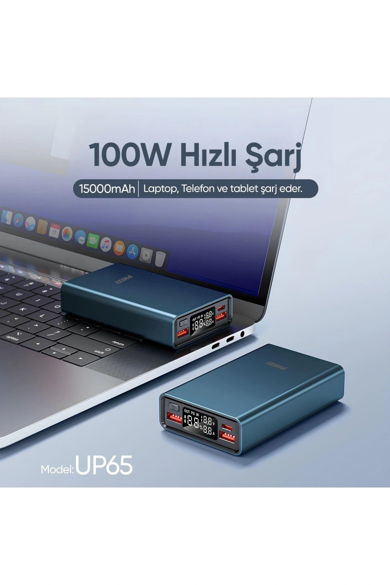Ultimate UP65 15000mAh 100W Süper Hızlı Şarj Cihazı - Laptop Şarj Edebilir Powerbank - Lacivert