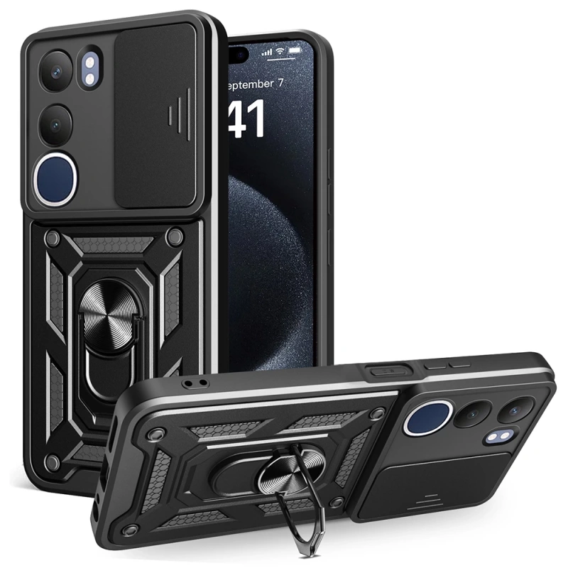 Vivo Y19S Kılıf Magnetik Standlı Kamera Korumalı Zore Sürgülü Vega Kapak