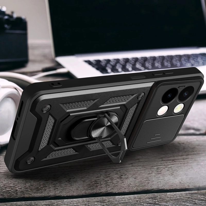 Vivo Y28 Kılıf Magnetik Standlı Kamera Korumalı Zore Sürgülü Vega Kapak