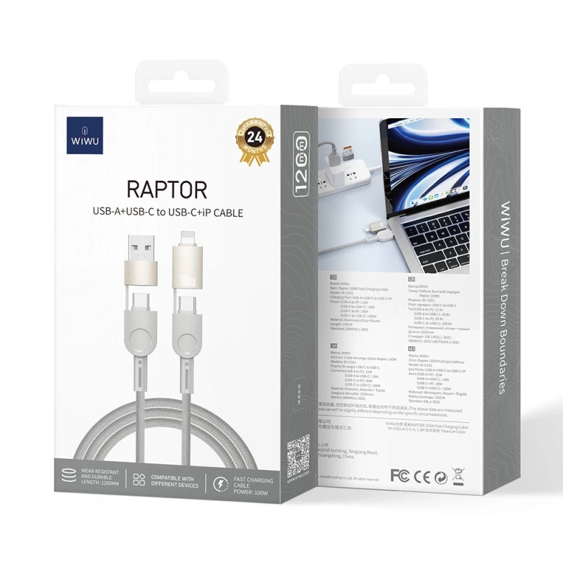 Wiwu 4in1 Raptor Serisi Çoklu USB-A + Type-C to Type-C + Lightning Şarj ve Data Kablosu 100W 120cm