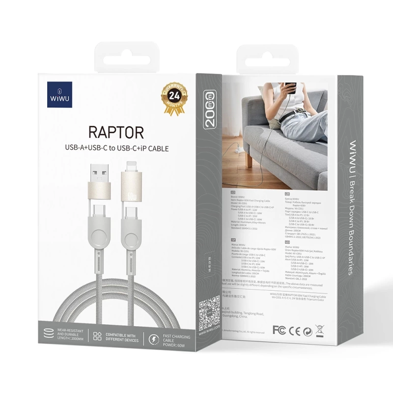 Wiwu 4in1 Raptor Serisi Çoklu USB-A + Type-C to Type-C + Lightning Şarj ve Data Kablosu 60W 200cm