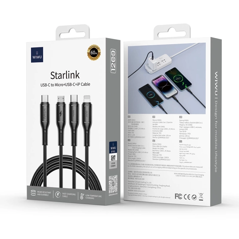 Wiwu Wi-C046E Starlink Serisi 3in1 USB-A to Lightning – Type-C – Micro Şarj ve Data Kablosu 60W 1.2M