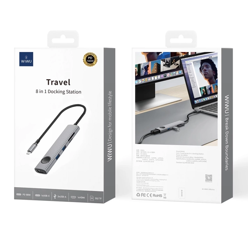 Wiwu Wi-HB8001 Travel Serisi 8in1 HDMI (4K@60Hz) Girişli 100W PD Type-C Hub Bağlantı İstasyonu