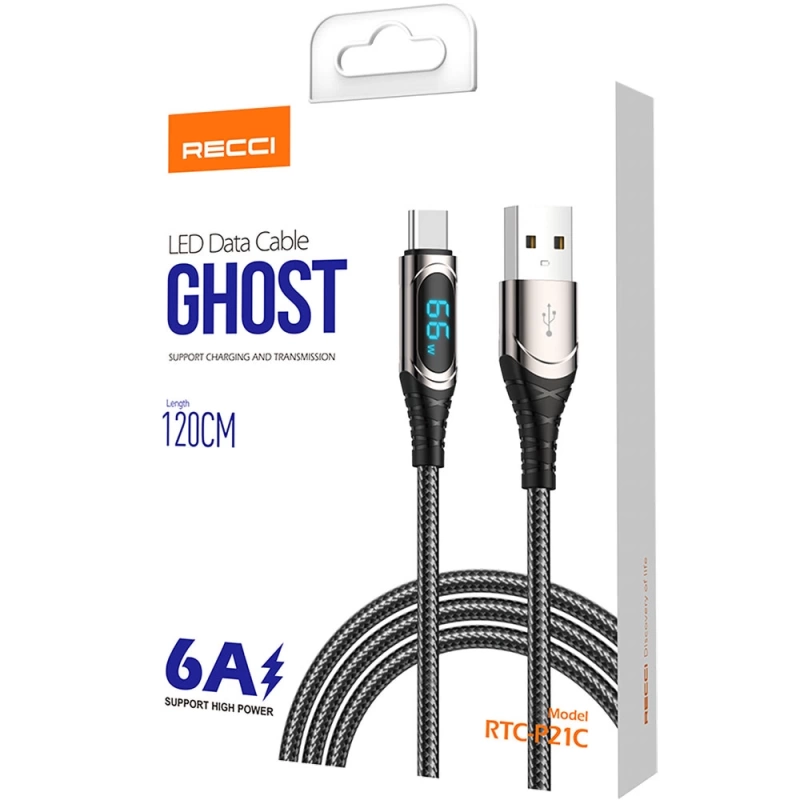 More TR Recci RTC-P21C Ghost Serisi 66W 6A Hızlı Şarj Özellikli USB-A To Type-C Kablo 1.2M