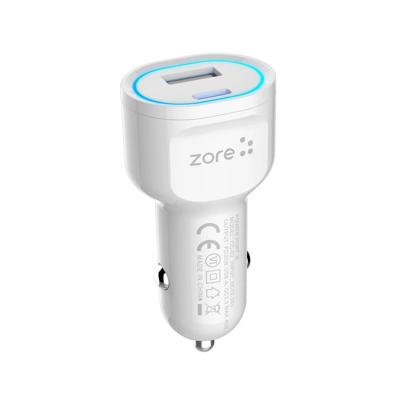 Zore CC-02 Hızlı Şarj Özellikli LED Işıklı QC 3.0 USB-A ve Type-C PD Araç Şarj Başlığı PD 20W