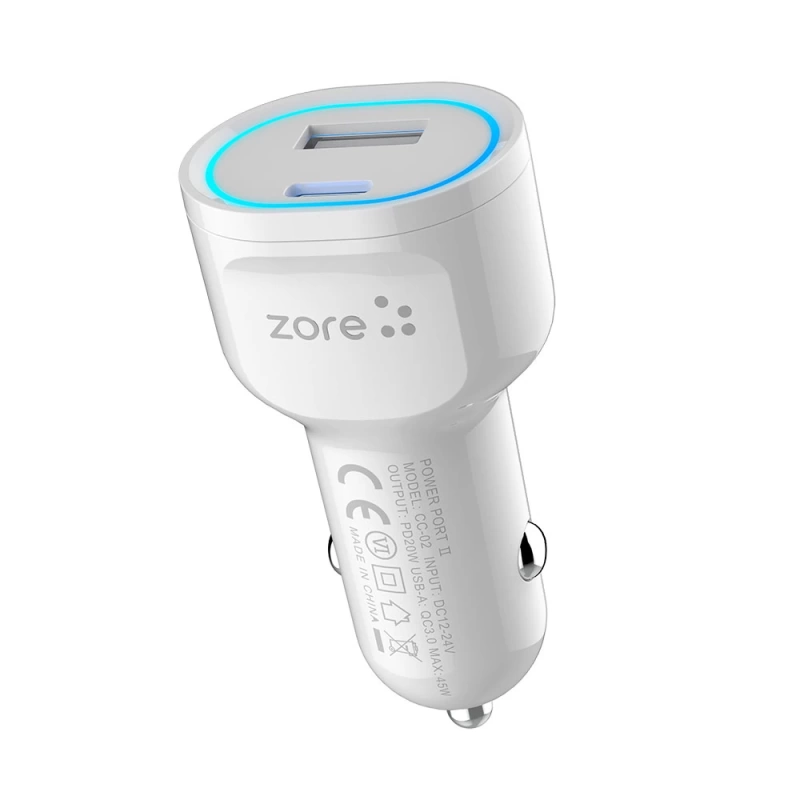 Zore CC-02 Hızlı Şarj Özellikli LED Işıklı QC 3.0 USB-A ve Type-C PD Araç Şarj Başlığı PD 20W