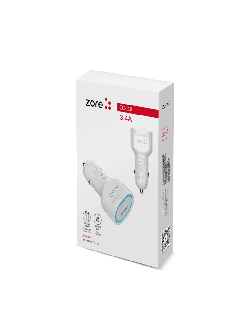 Zore CC-02 Hızlı Şarj Özellikli LED Işıklı QC 3.0 USB-A ve Type-C PD Araç Şarj Başlığı PD 20W