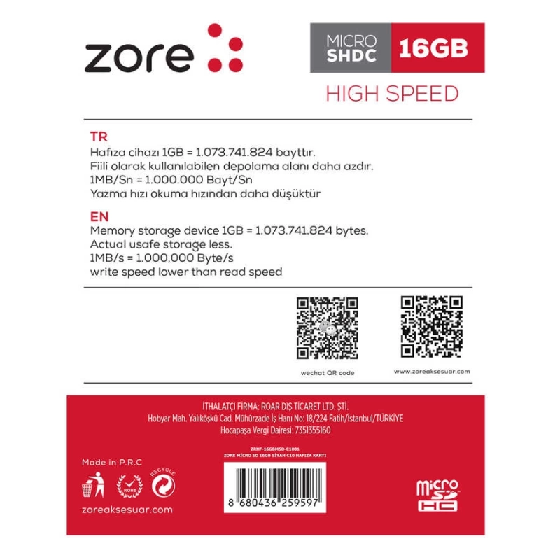 Zore Micro SD Hafıza Kartı 16GB