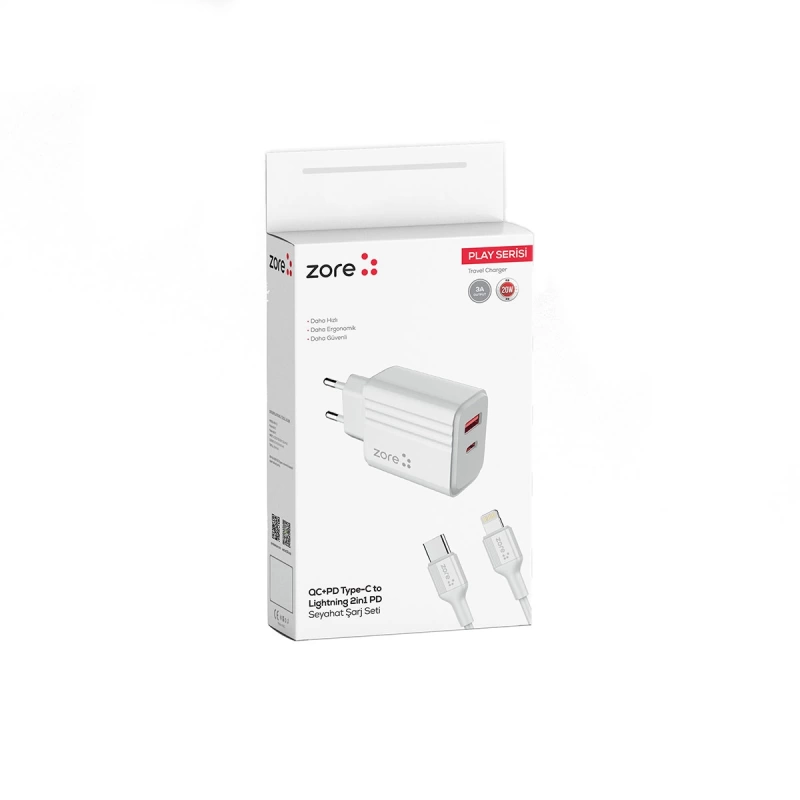 Zore Play Serisi PL08 Type-C to Lightning 2in1 PD Seyahat Şarj Aleti 20W