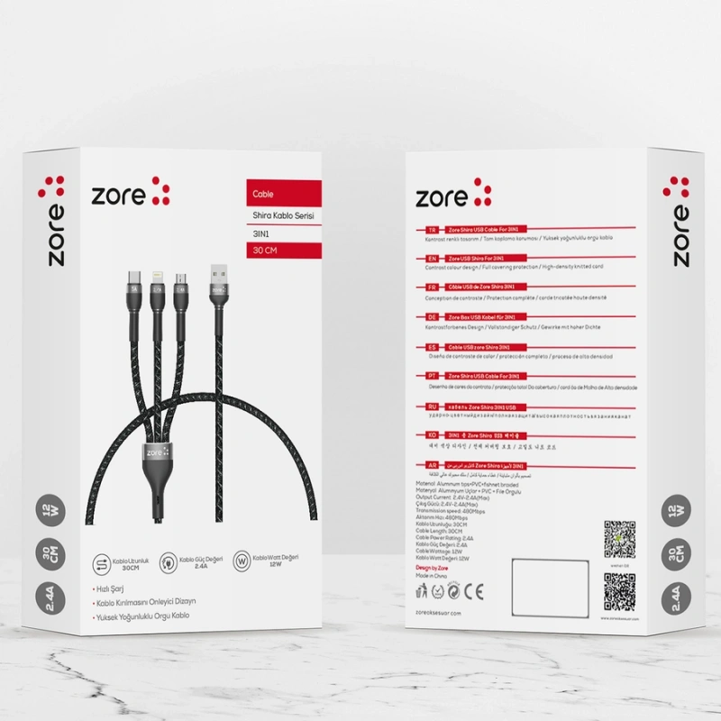 ​Zore Shira Serisi 3in1 USB Kablo 30cm