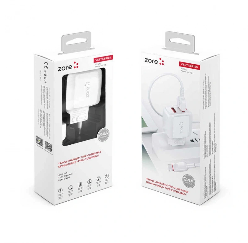 Zore Vest Serisi V2 Type-C 2 in 1 Şarj Seti