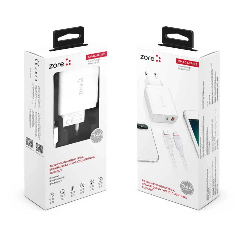 ​Zore XMac Serisi ZR-X2 PD To Lightning 2 in 1 Şarj Seti