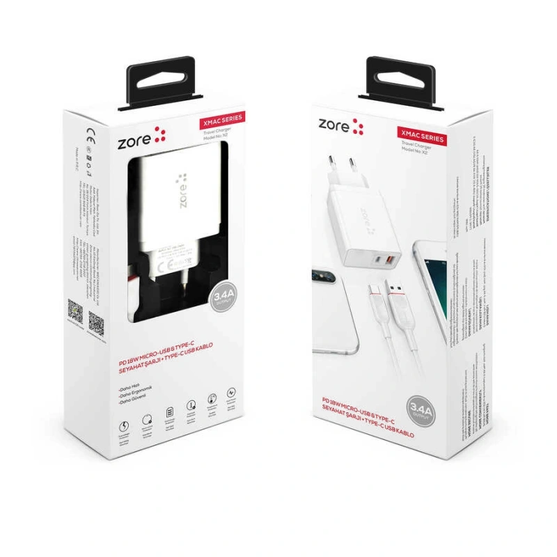 ​Zore XMac Serisi ZR-X2 Type-C 2 in 1 Şarj Seti