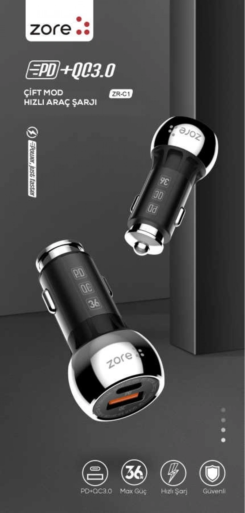 Zore ZR-C1 Type-C 2 in 1 Araç Şarj Seti