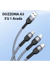 Duzzona A3 3in1 Type-C + iPhone Lightning + Micro USB 3A Hızlı Şarj Kablosu 1.3m