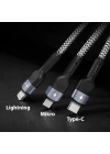 Duzzona A3 3in1 Type-C + iPhone Lightning + Micro USB 3A Hızlı Şarj Kablosu 1.3m