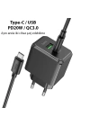 HOCO CS14A 20W Type-C + USB Hızlı Şarj Adaptörü Başlığı + Type-C Kablo