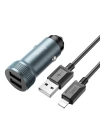 HOCO Z49 Çift USB Girişli Araç Şarj Başlık + USB To iPhone Lightning Kablo