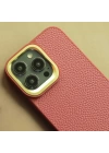 More TR Apple iPhone 14 Kılıf Soft Deri Metal Kamera Çerçeveli ​Kajsa Litchi Kapak