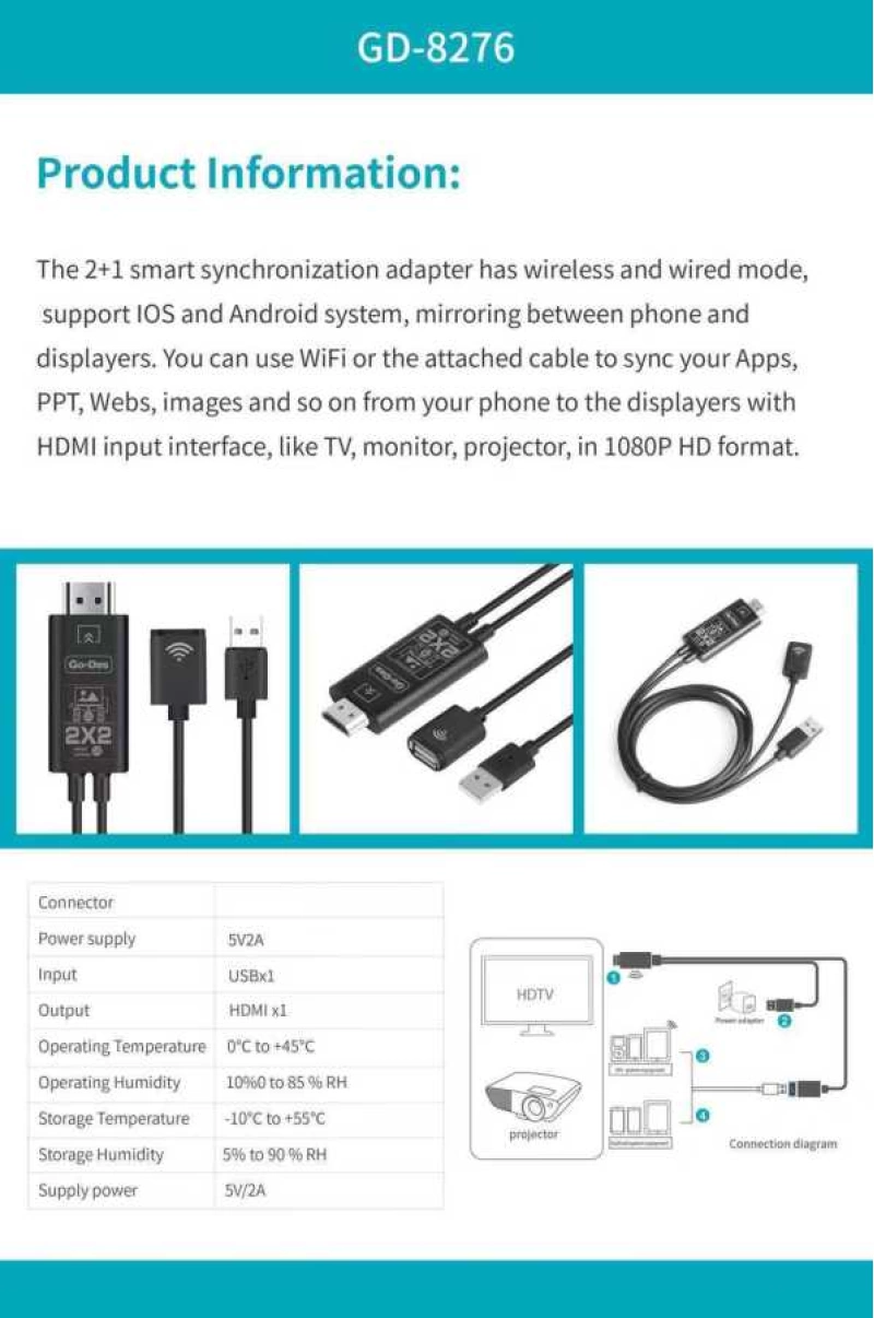 Go Des GD-8276 Wireless Display Dongle Phone Full HDTV Kablo