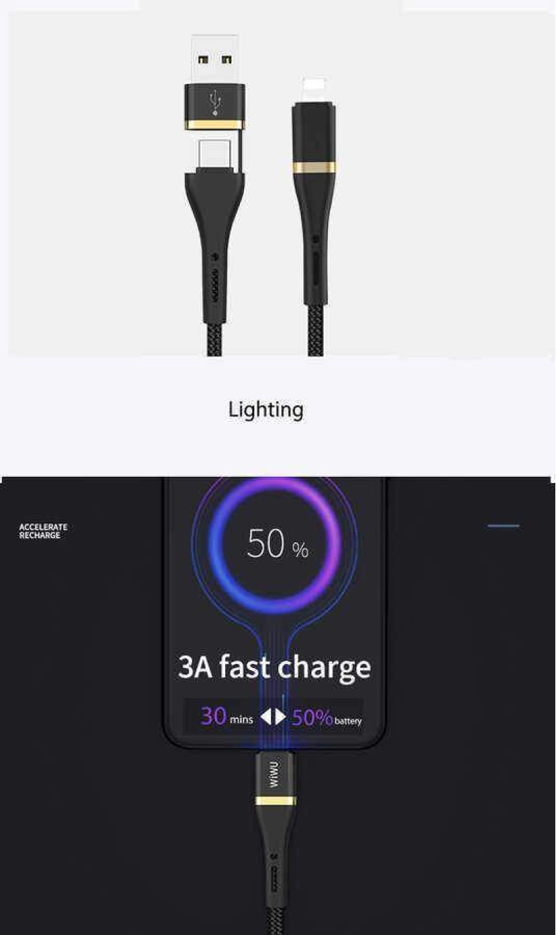 More TR Wiwu ED-105 2 in 1 USB A- Type-C to Lightning Elite Data Kablo