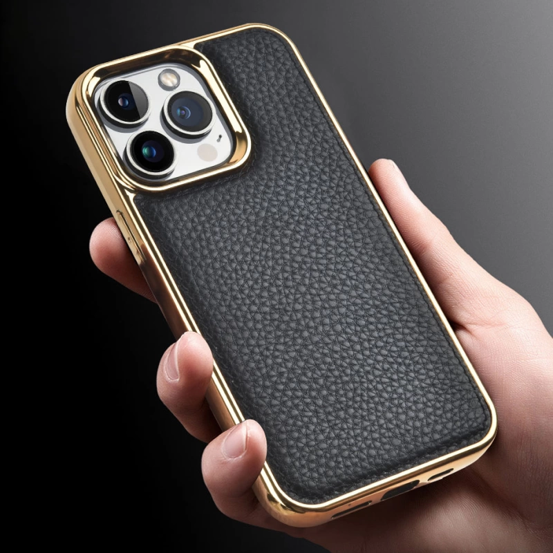 More TR Apple iPhone 13 Kılıf Wiwu Genuine Leather Gold Calfskin Orjinal Deri Kapak