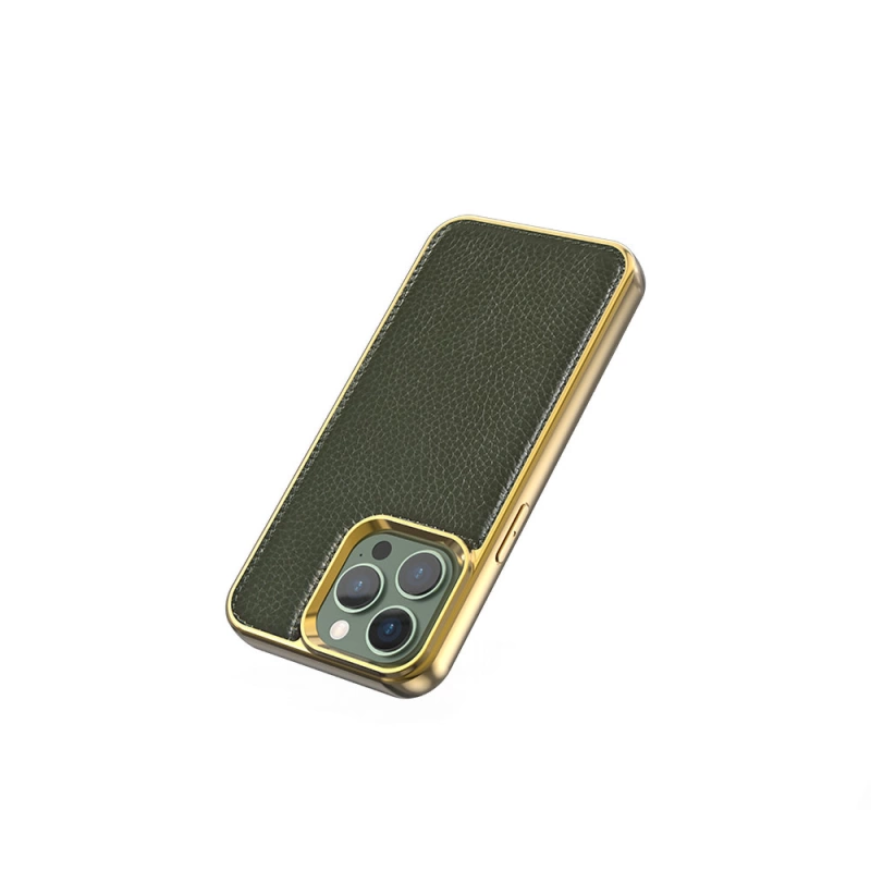 More TR Apple iPhone 13 Kılıf Wiwu Genuine Leather Gold Calfskin Orjinal Deri Kapak