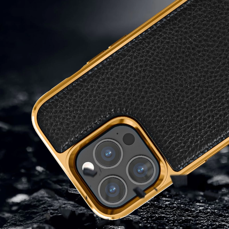 Apple iPhone 13 Pro Max Kılıf Wiwu Genuine Leather Gold Calfskin Orjinal Deri Kapak