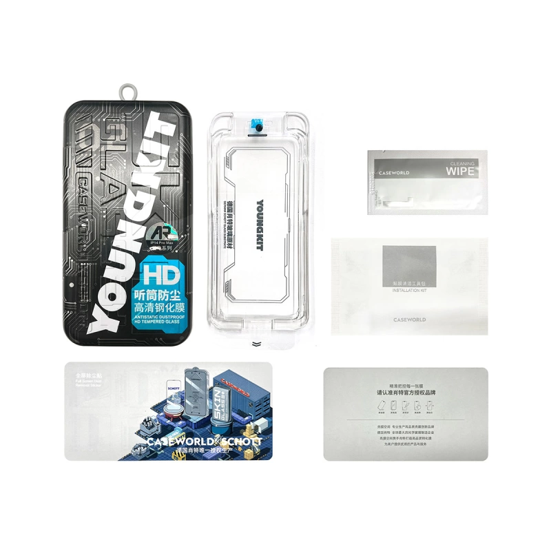 More TR Apple iPhone 14 Pro Max Youngkit Antistatik Ve Antidust Kolay Uygulama Aparatlı Cam Ekran Koruyucu