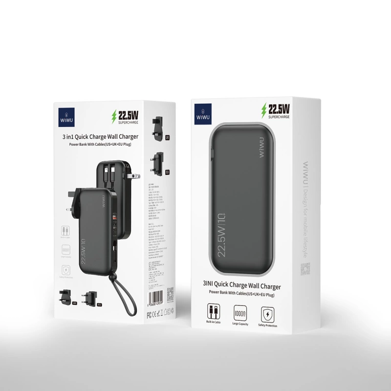 More TR Wiwu JC-23 Micro Type-C ve Lightning Kablolu Şarj Göstergeli PD Powerbank 22.5W 10000mAh