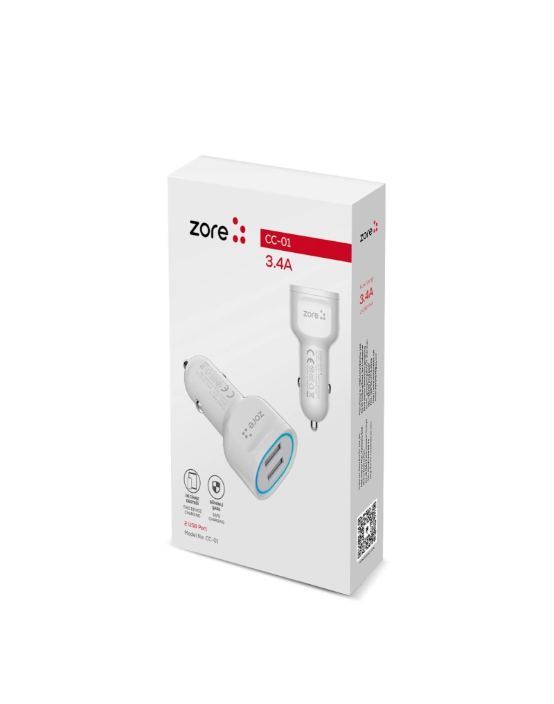 More TR Zore CC-01 Hızlı Şarj Özellikli LED Işıklı Dual USB Araç Şarj Başlığı 18W