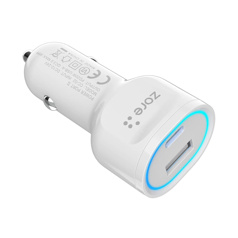 More TR Zore CC-02 Hızlı Şarj Özellikli LED Işıklı QC 3.0 USB-A ve Type-C PD Araç Şarj Başlığı PD 20W