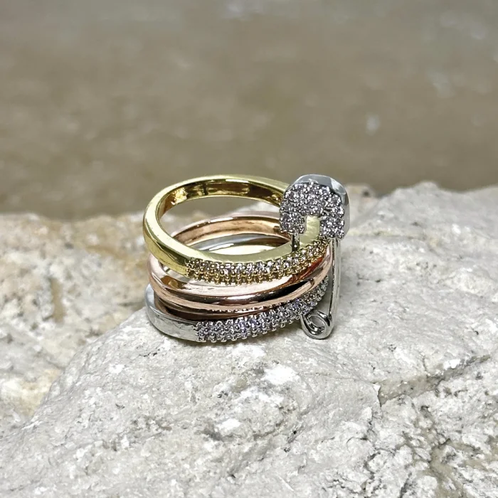 3lü Silver-Gold-Rose Gold Taşlı Çengelli İğne Yüzük