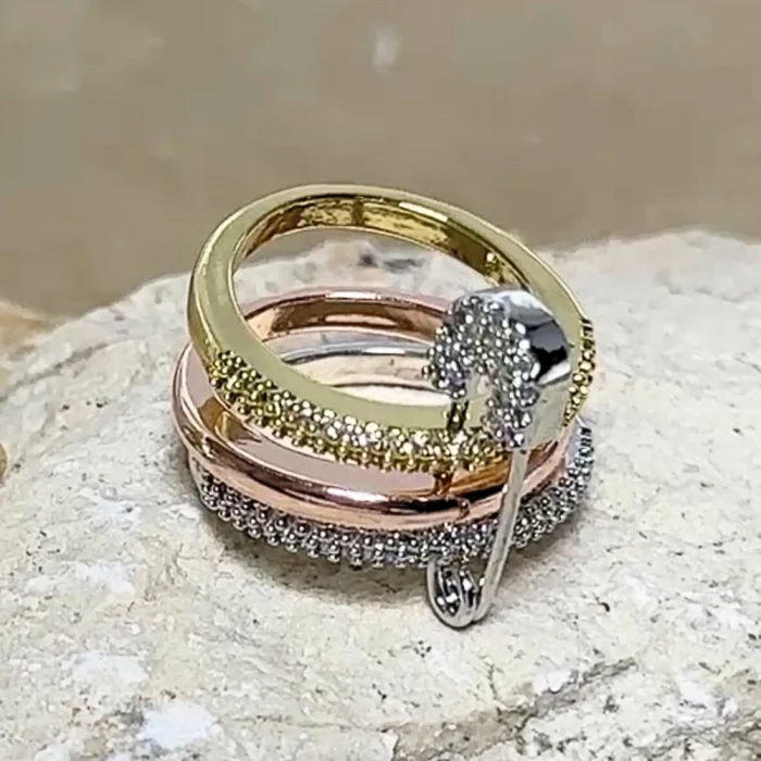 3lü Silver-Gold-Rose Gold Taşlı Çengelli İğne Yüzük