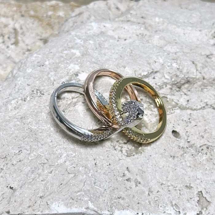 3lü Silver-Gold-Rose Gold Taşlı Çengelli İğne Yüzük