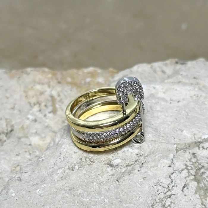 3lü Silver-Gold Taşlı Çengelli İğne Yüzük