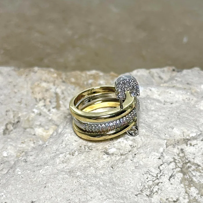 3lü Silver-Gold Taşlı Çengelli İğne Yüzük