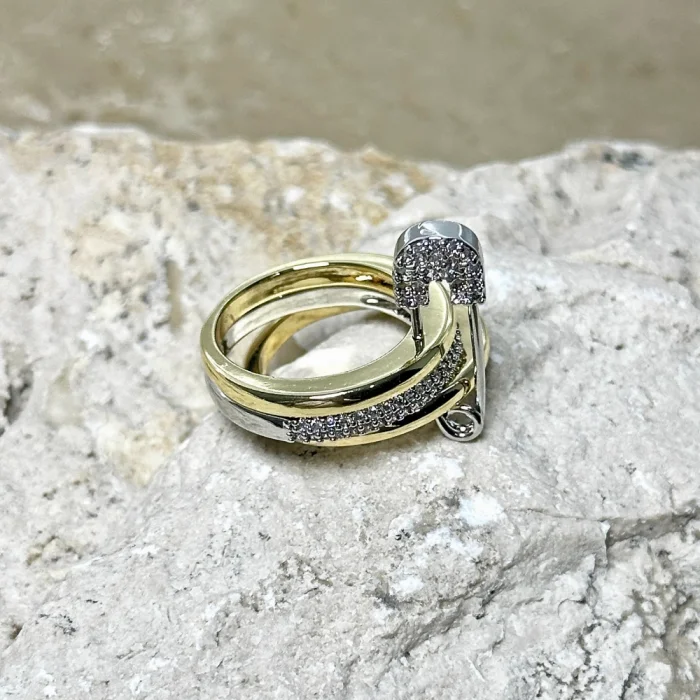 3lü Silver-Gold Taşlı Çengelli İğne Yüzük