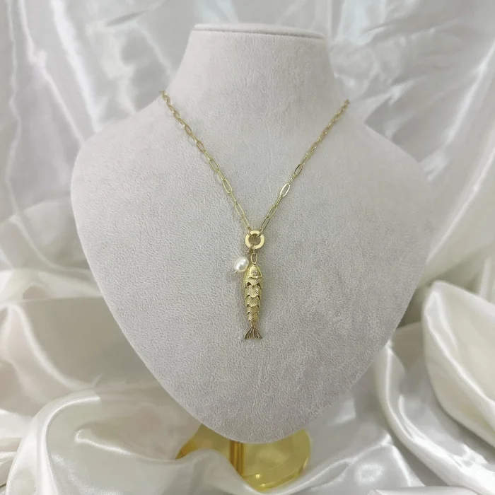 İncili Hareketli Balık Kolye Gold